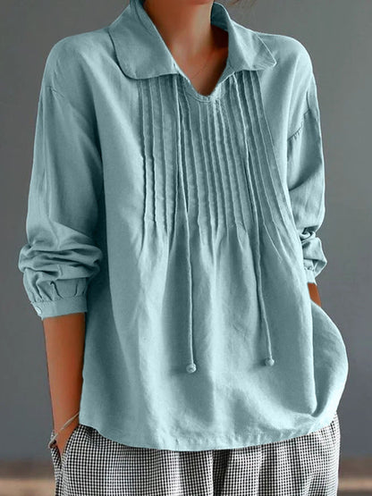 Casual Loose Fit Cotton Blouse with Pleats