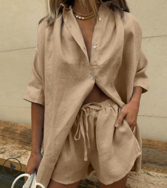 Women's Linen Shirt and Shorts Set - Comfortable Summer Outfit
