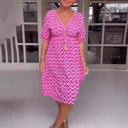 Casual V Neck Midi Dress with Tassels and Short Sleeves