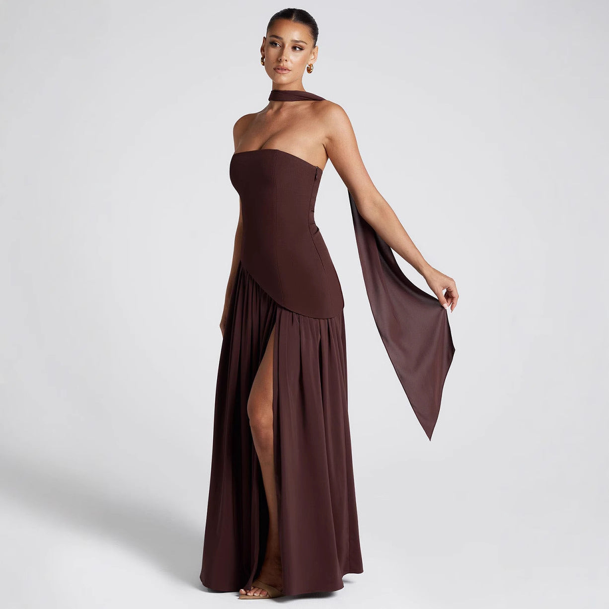 Elegant Strapless Evening Gown with Slit and Flowy Skirt
