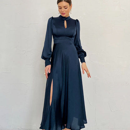 Elegant Satin A-Line Maxi Dress with Puff Sleeves