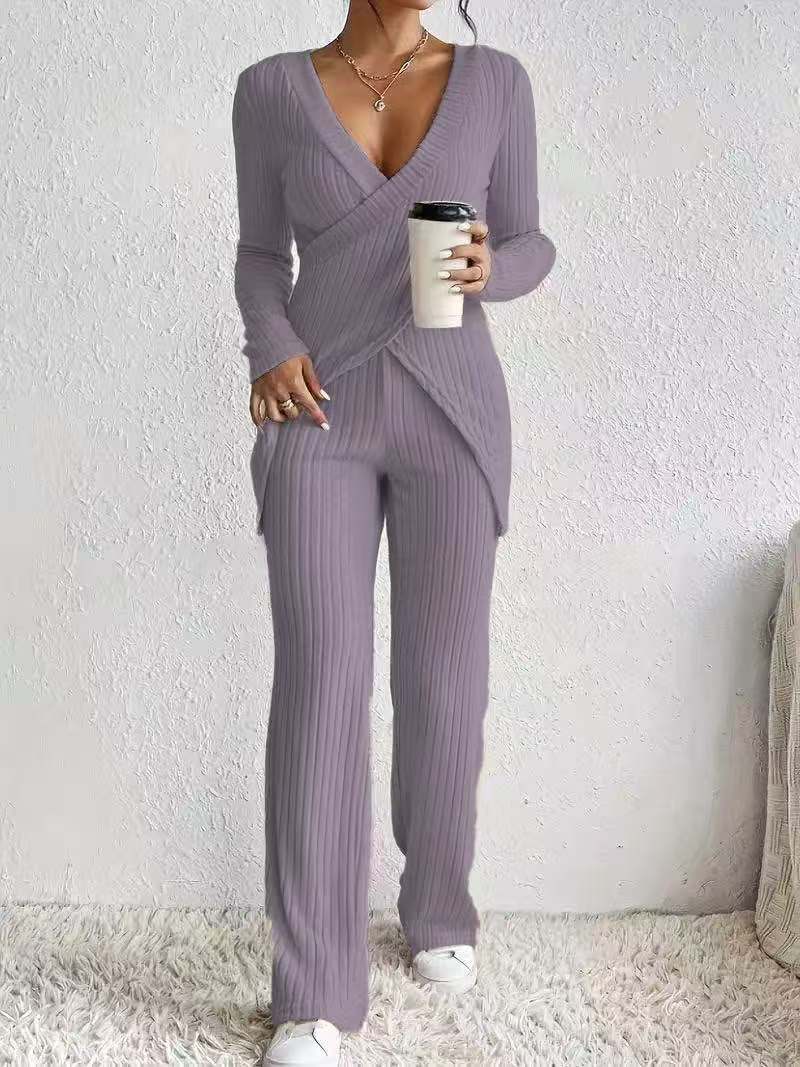 Soft Ribbed Women's Top and Wide Leg Pants Set