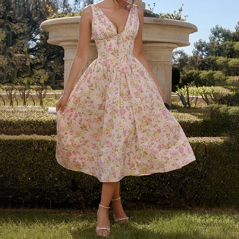 Casual Floral V-Neck Spaghetti Strap Dress - Nocini