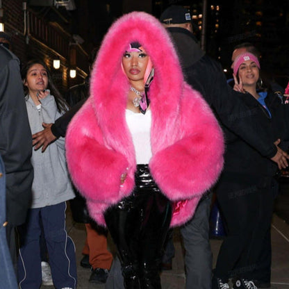 Plush Hooded Faux Fur Long Coat