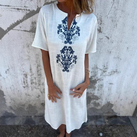 Casual Embroidered Short Sleeve Midi Dress - Nocini