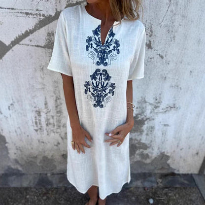 Casual Embroidered Short Sleeve Midi Dress - Nocini