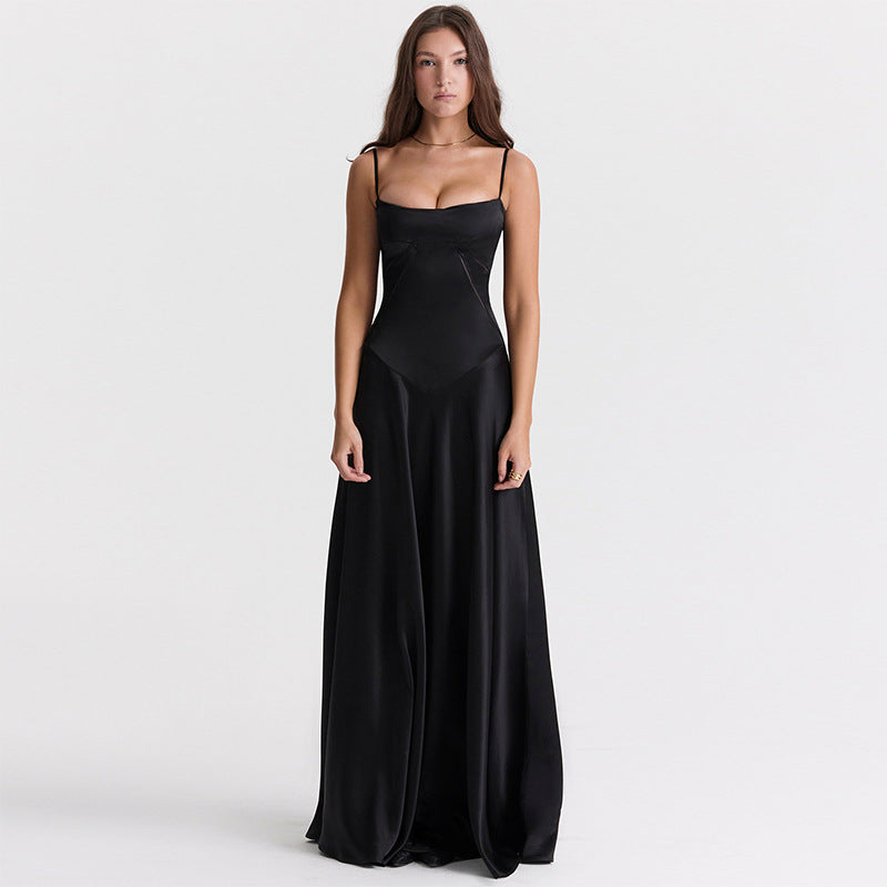 Ladies Formal Satin A-Line Gown with Spaghetti Straps