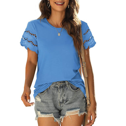 Feminine Short Sleeve Lace Trim Blouse