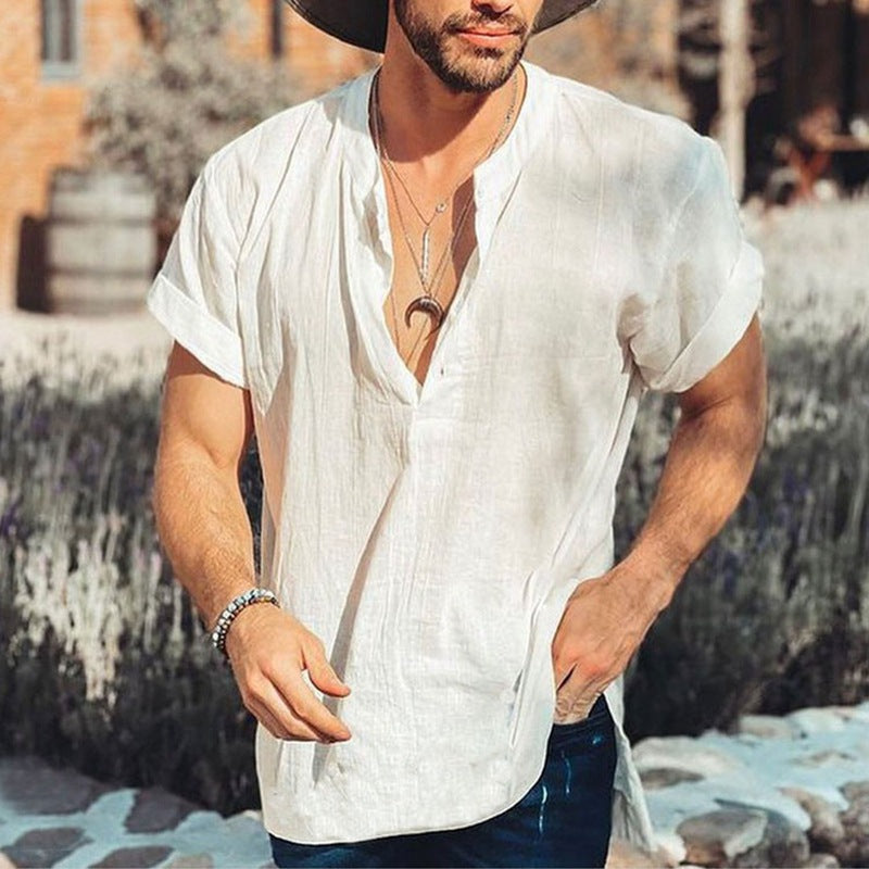 Casual Men's Short Sleeve V-Neck Cotton Shirt - Nocini