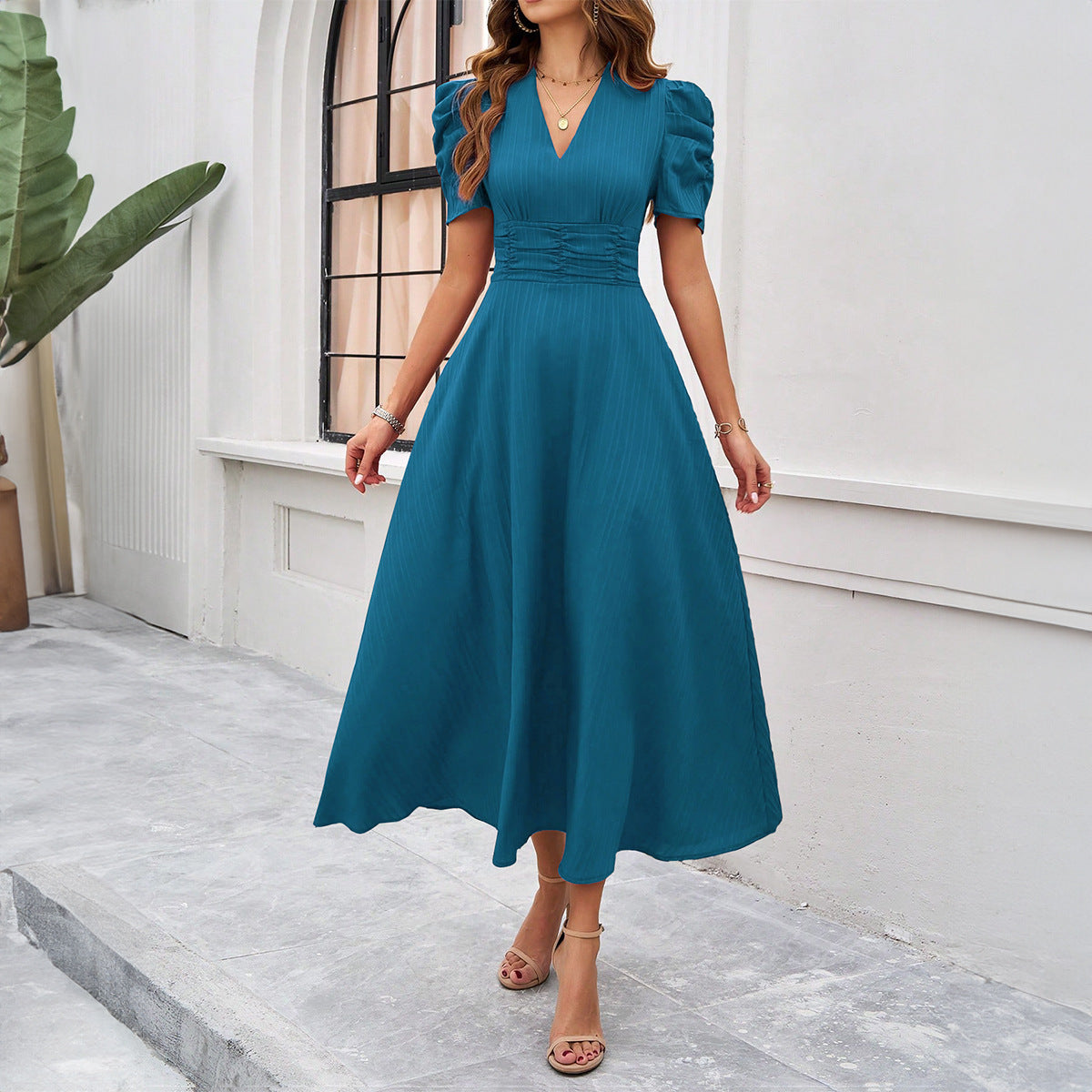 Elegant V-Neck Midi Dress with Puff Sleeves