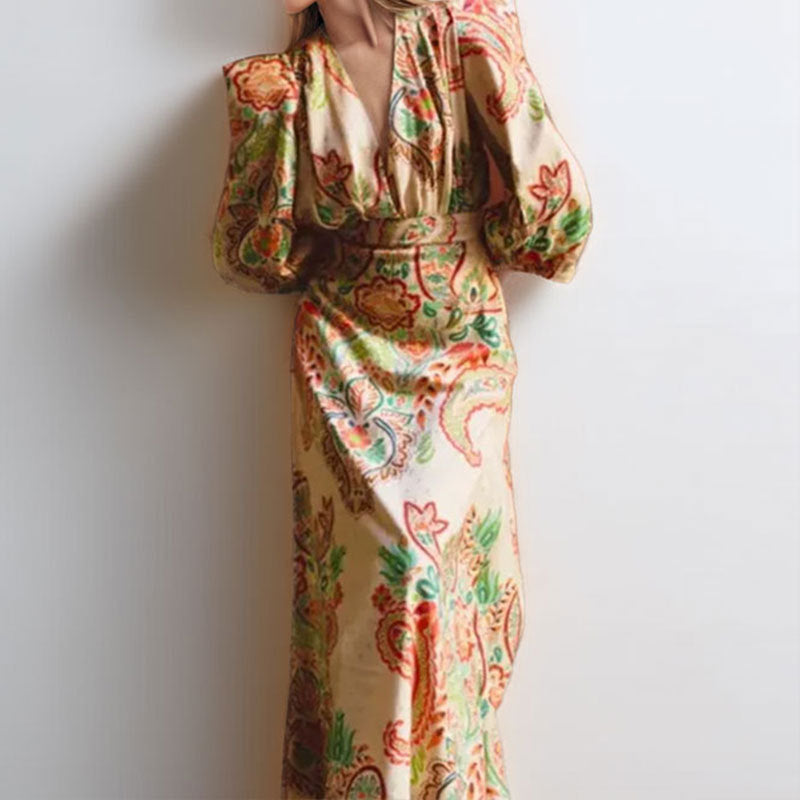 Women's Elegant V-Neck A-Line Dress with Long Sleeves - Nocini