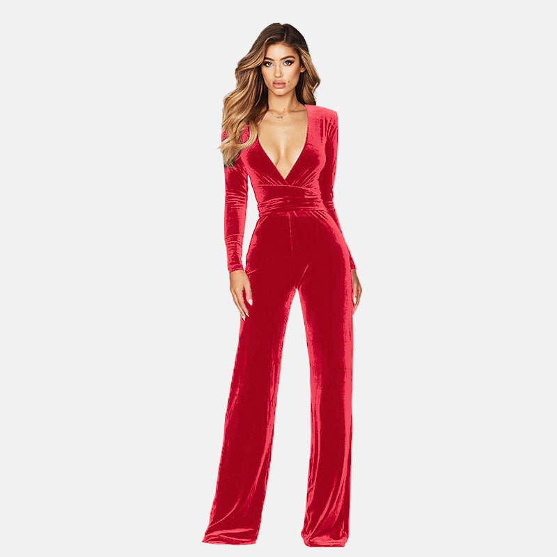 Ladies' Velvet Jumpsuit - V Neck Long Sleeve Wide Leg