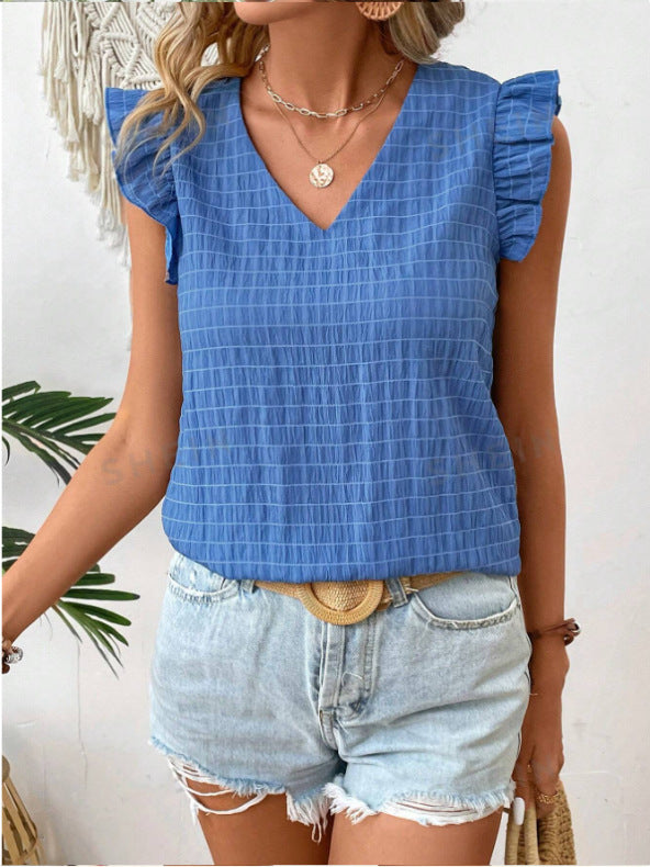 Casual V-Neck Women's Blouse with Ruffled Sleeves - Nocini