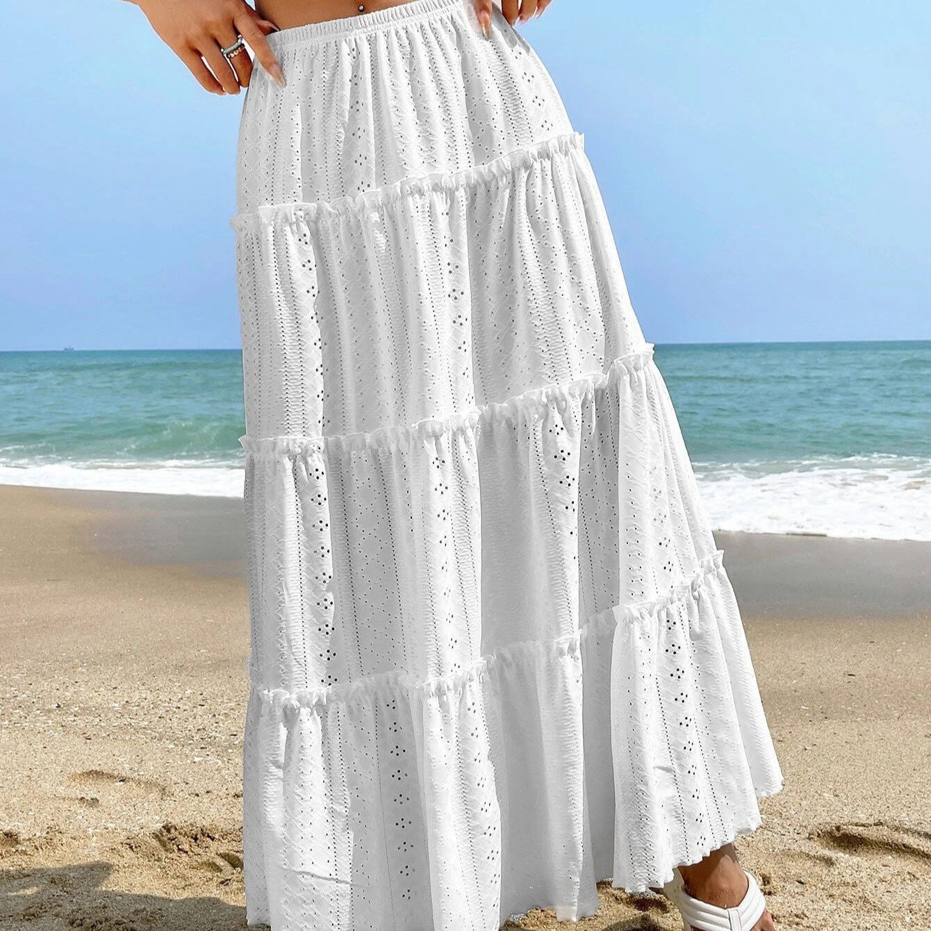 Flirty Midi Skirt with Elastic Waist and Flowy Layers - Nocini