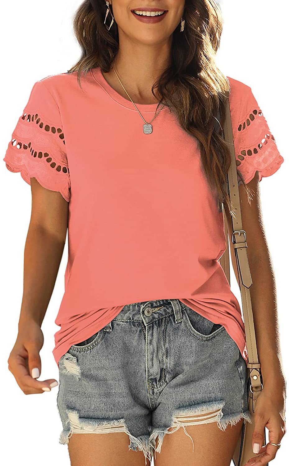Feminine Short Sleeve Lace Trim Blouse