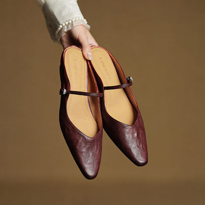 Ladies Slim Pointed-Toe Slip-On Shoes with Buckle Strap