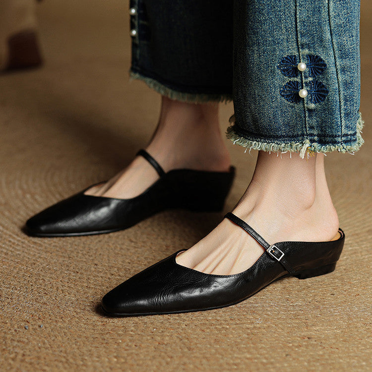 Ladies Slim Pointed-Toe Slip-On Shoes with Buckle Strap