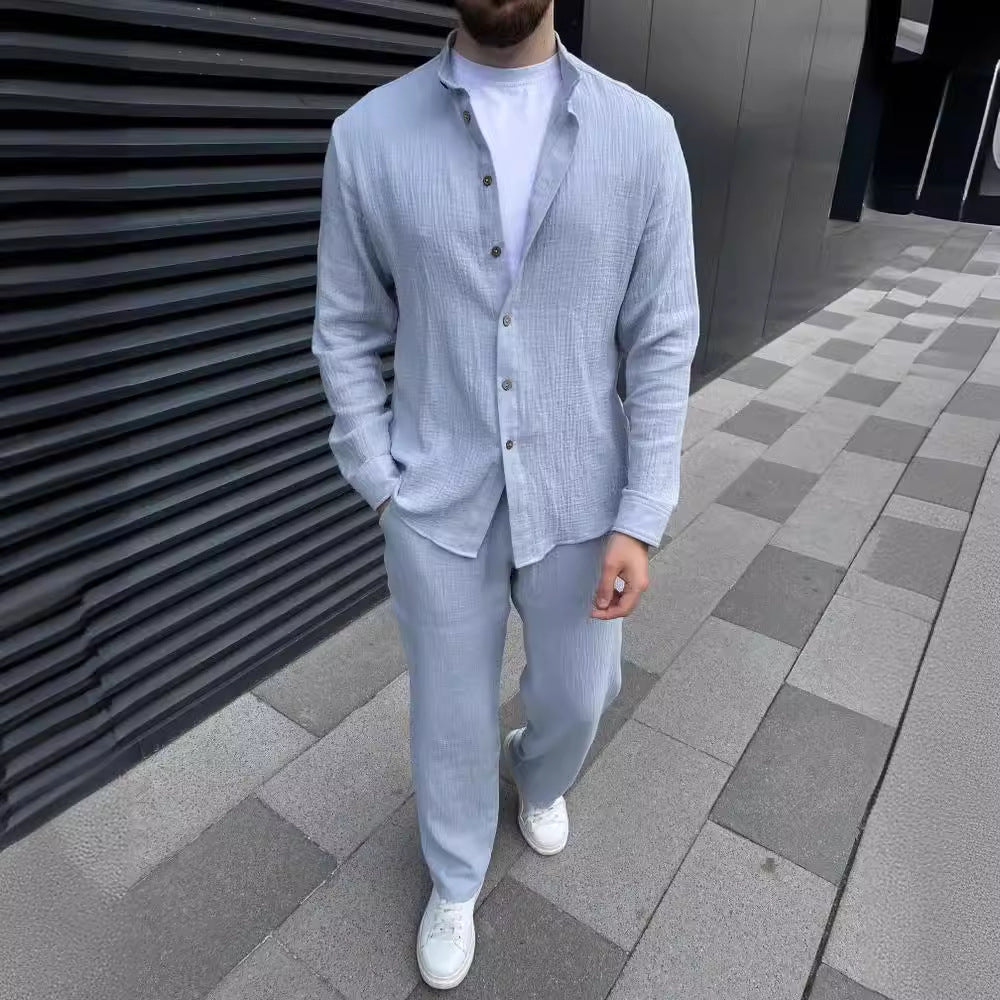 Casual Linen Style Shirt and Pants Set for Men