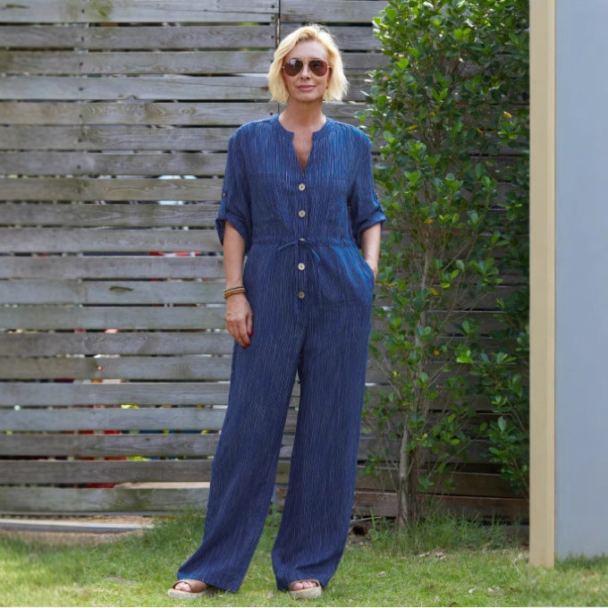 Comfy Women's V-Neck Jumpsuit with Elastic Waist