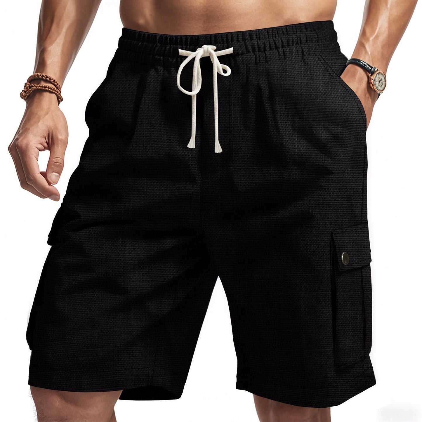 Comfortable Mens Linen Cargo Shorts with Elastic Waist
