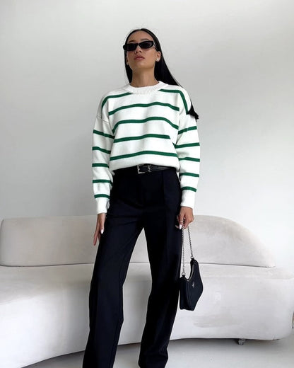 Comfy Oversized Striped Crew Neck Sweater