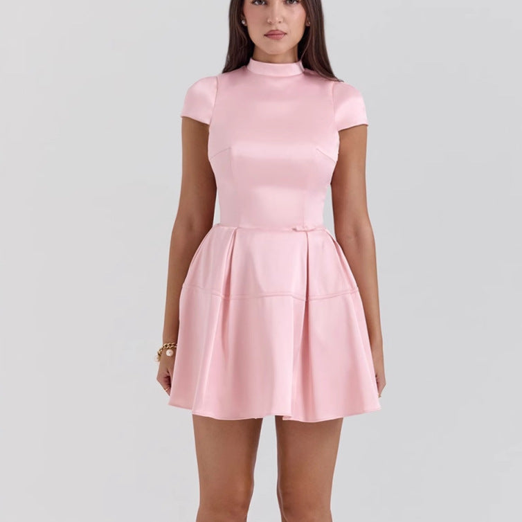 Short Sleeveless High Neck Mini Dress with Flared Skirt - Nocini