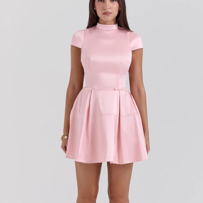 Short Sleeveless High Neck Mini Dress with Flared Skirt - Nocini