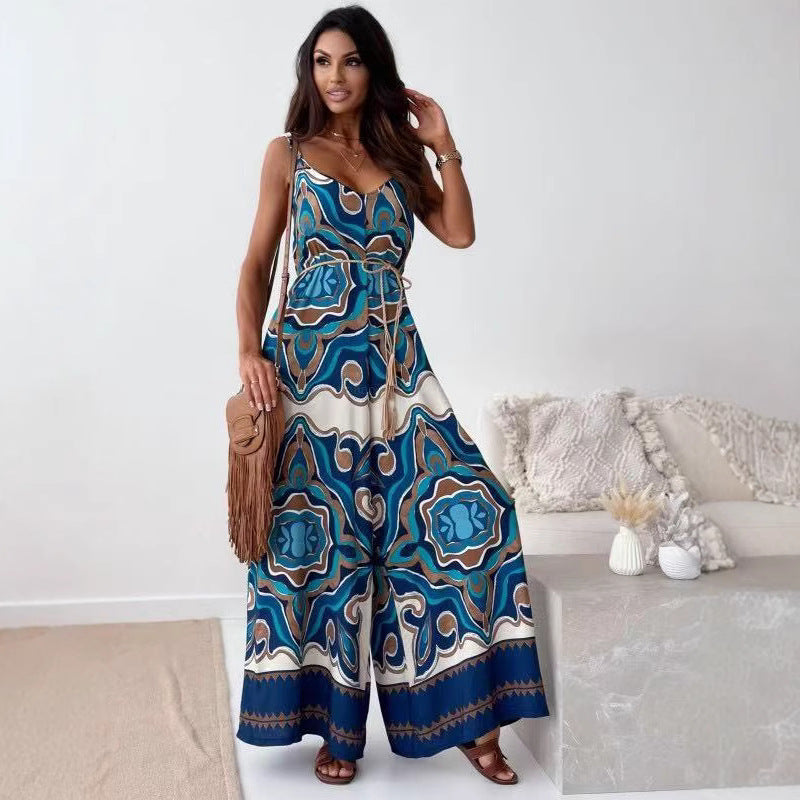 Women's Flowy Wide Leg Jumpsuit with V-Neck Strap - Nocini