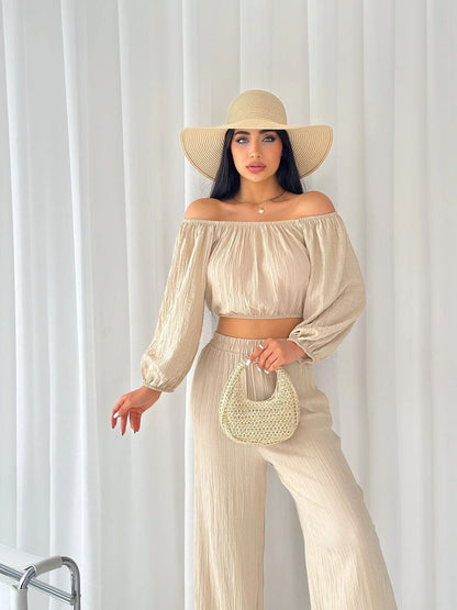 Ladies' Set - Cold Shoulder Cropped Top with High Waist Pants