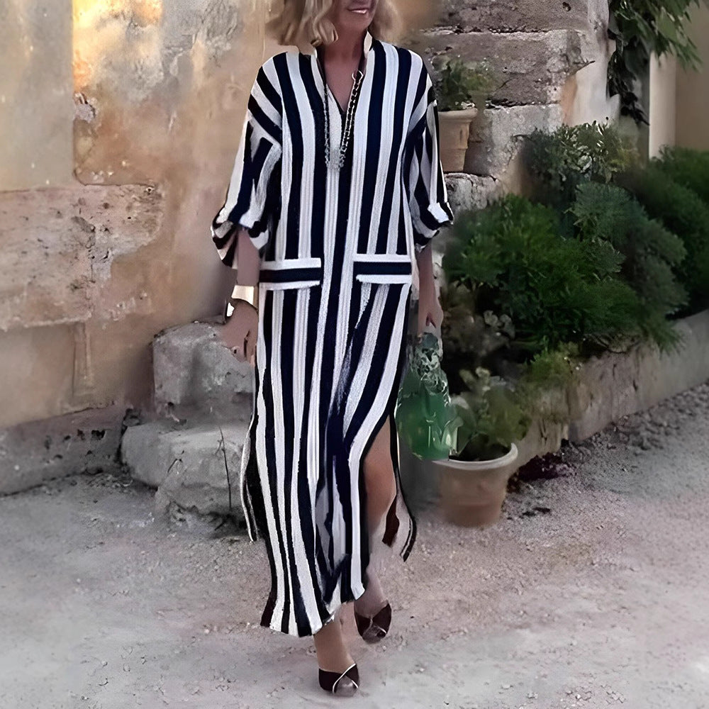 Comfy V Neck Maxi Dress with Vertical Stripes - Nocini