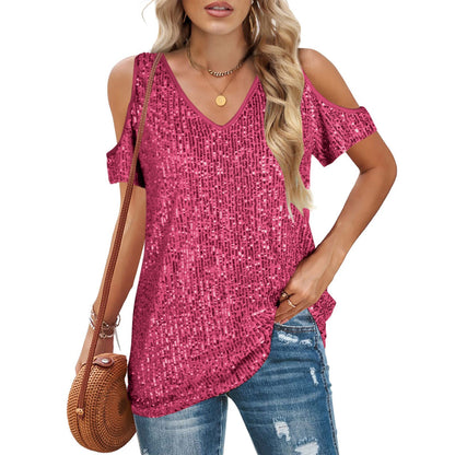 Casual V Neck Short Sleeve Sequin Women's Top