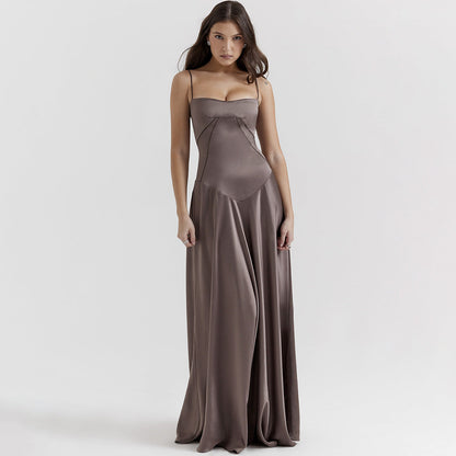 Feminine Midi Dress with Thin Straps and Flowy Silk Fabric - Nocini