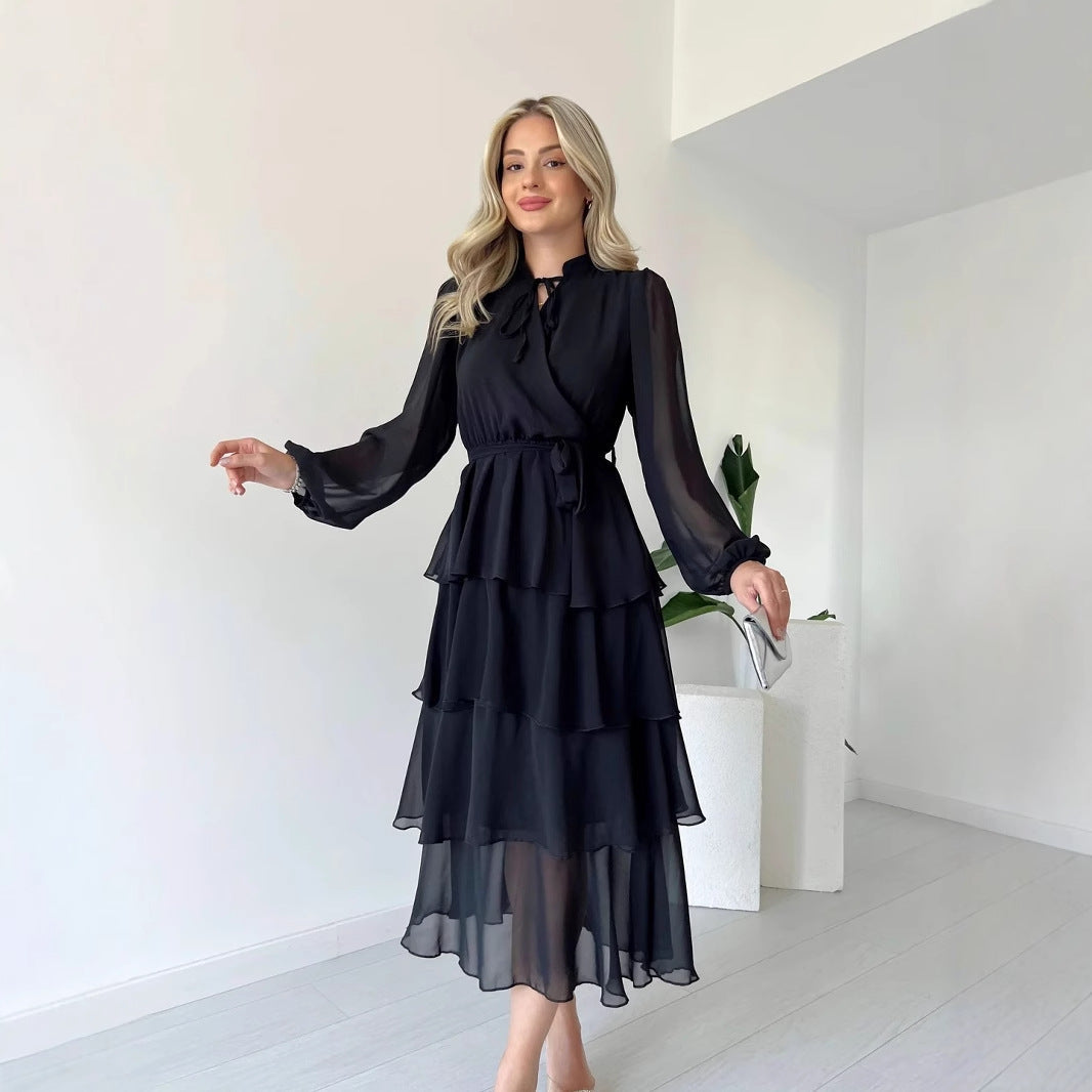 Elegant Women's Midi Chiffon Dress with Tie Waist - Nocini