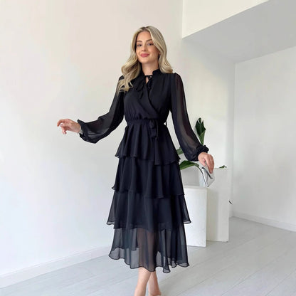 Elegant Women's Midi Chiffon Dress with Tie Waist - Nocini