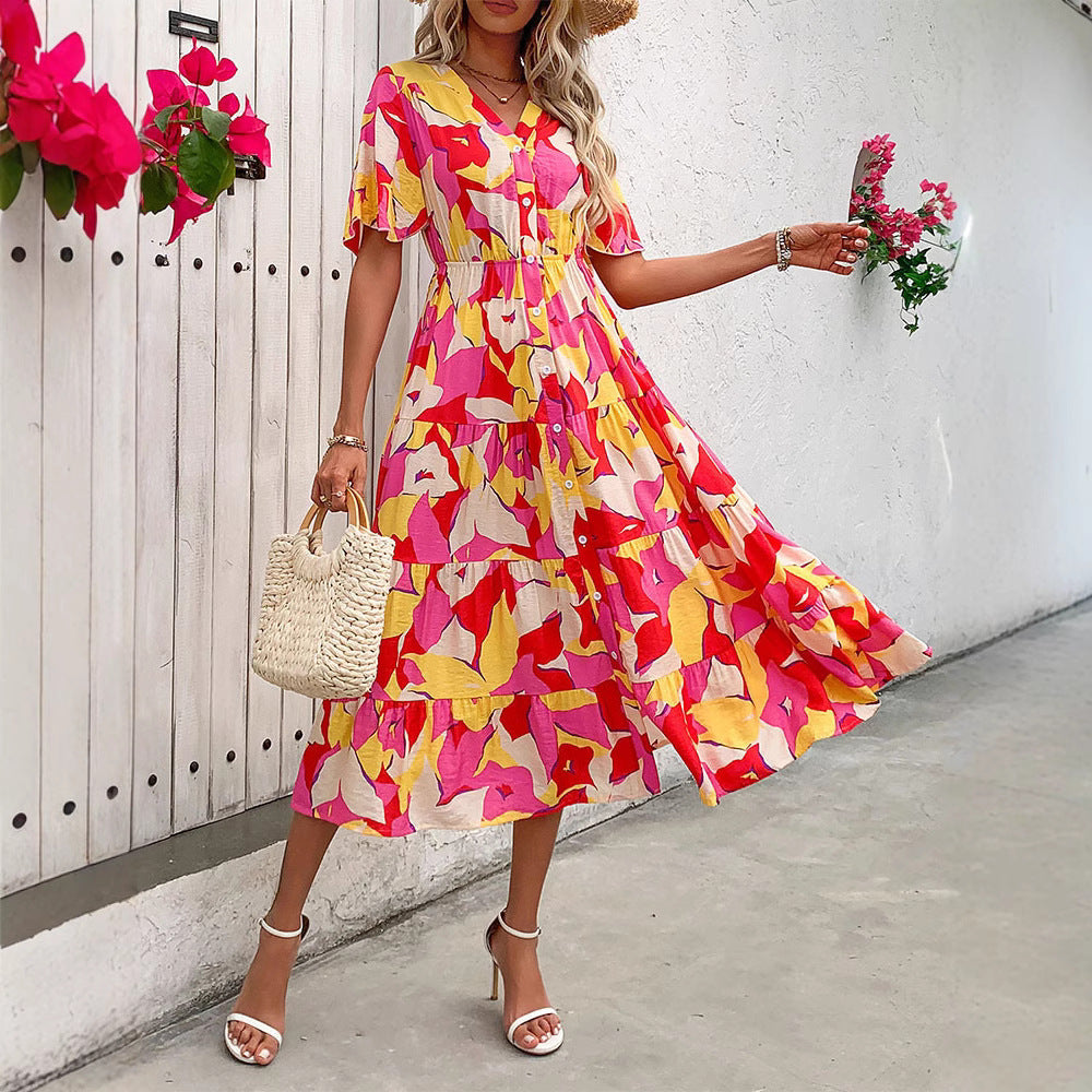 Casual Fit Midi Dress with Ruffled Sleeves and Buttons - Nocini