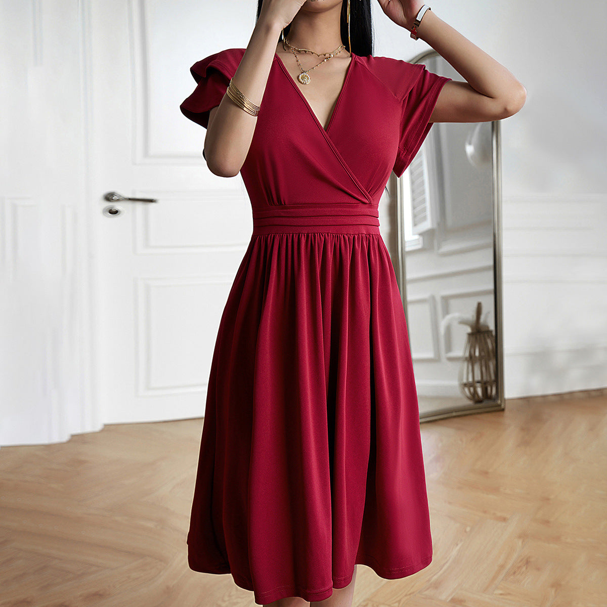 Ladies V Neck Wrap Dress with Short Sleeves - Nocini