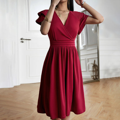 Ladies V Neck Wrap Dress with Short Sleeves - Nocini