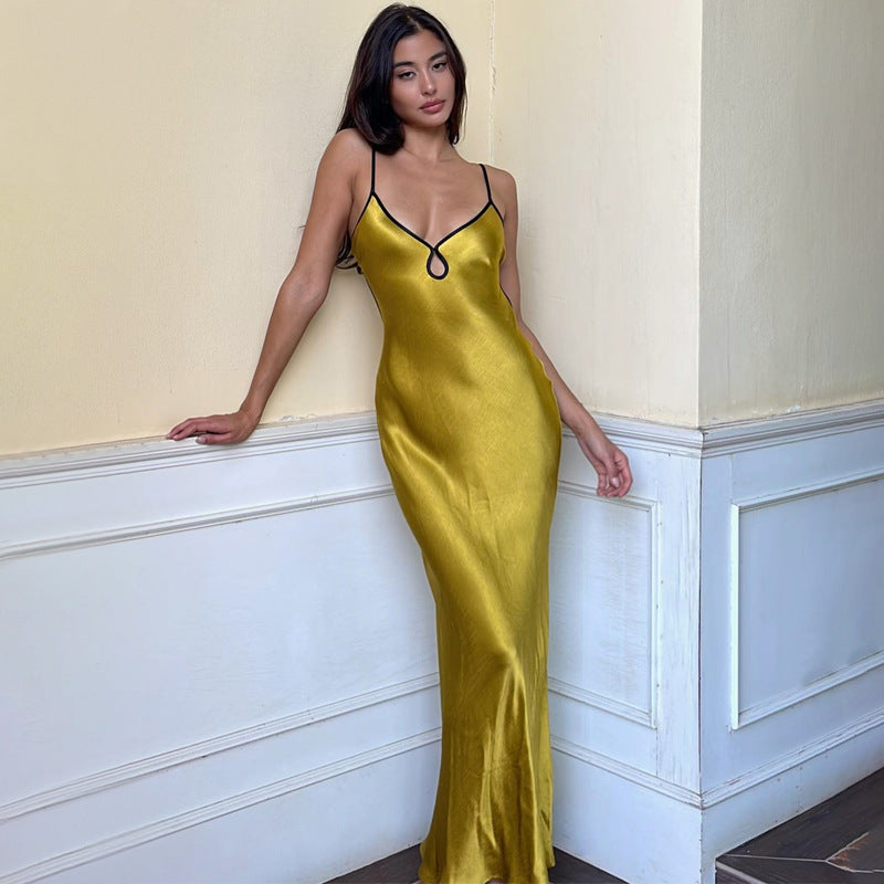 Elegant Satin Spaghetti Strap Evening Gown - Nocini