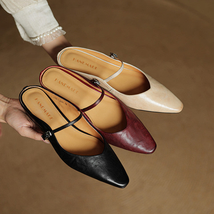 Ladies Slim Pointed-Toe Slip-On Shoes with Buckle Strap