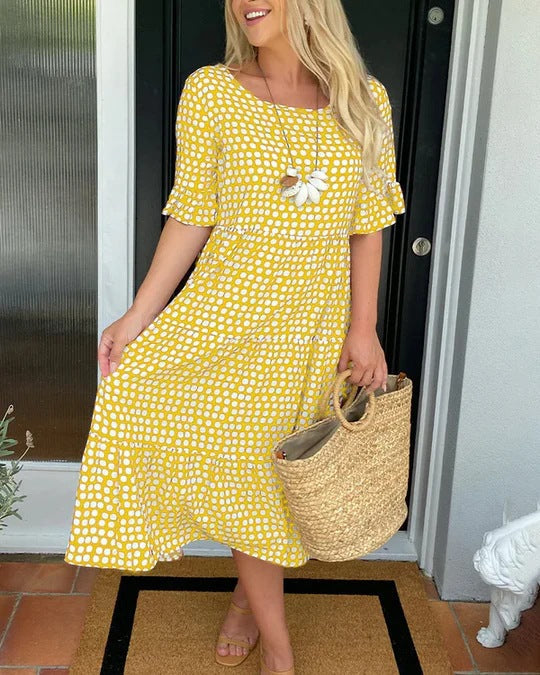 Floral Midi Dress with Ruffles and Round Neckline