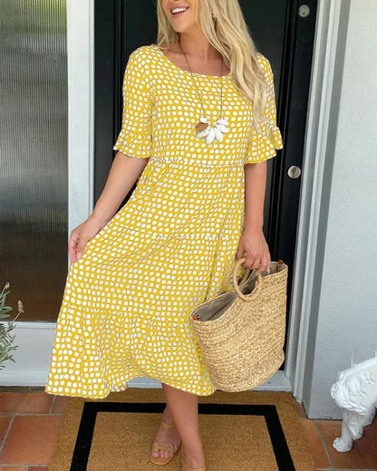 Floral Midi Dress with Ruffles and Round Neckline