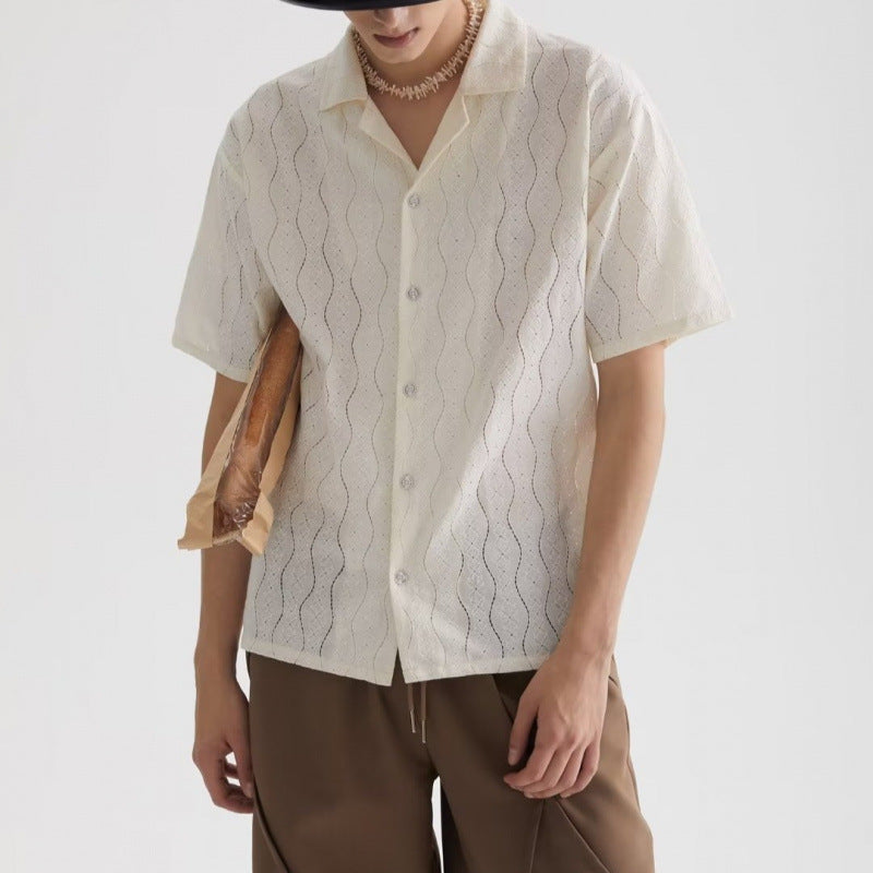 Relaxed Fit Short Sleeve Cotton Shirt with Lace Trim - Nocini