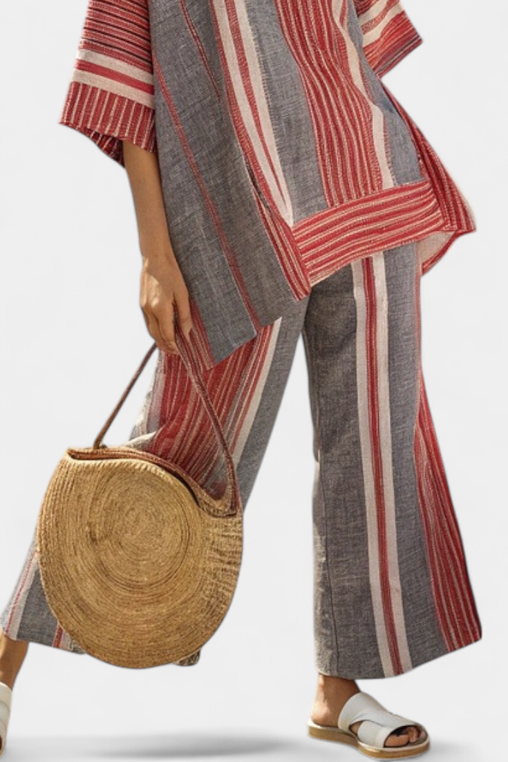 Chic Coral Beige Linen Blouse and Palazzo Pants