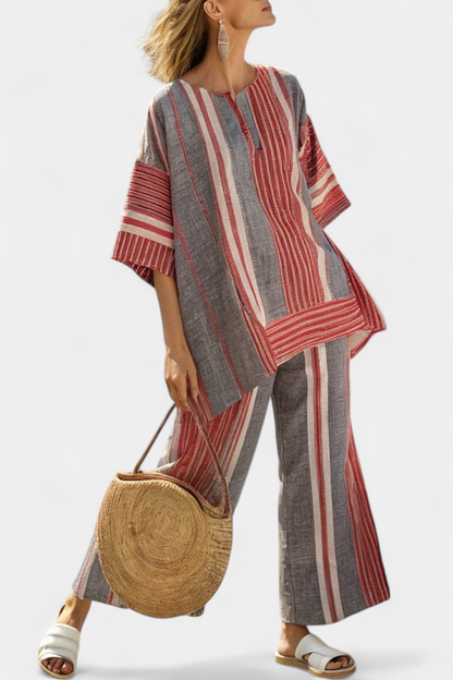 Chic Coral Beige Linen Blouse and Palazzo Pants - Olytrend