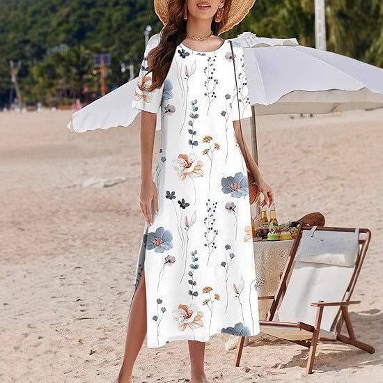 Flowy Maxi Dress with Floral Print and Side Slits - Nocini
