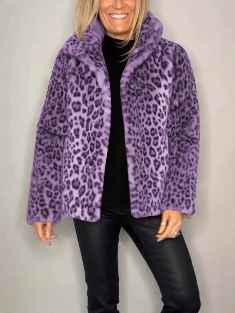 Plush Faux Fur Leopard Coat for Women