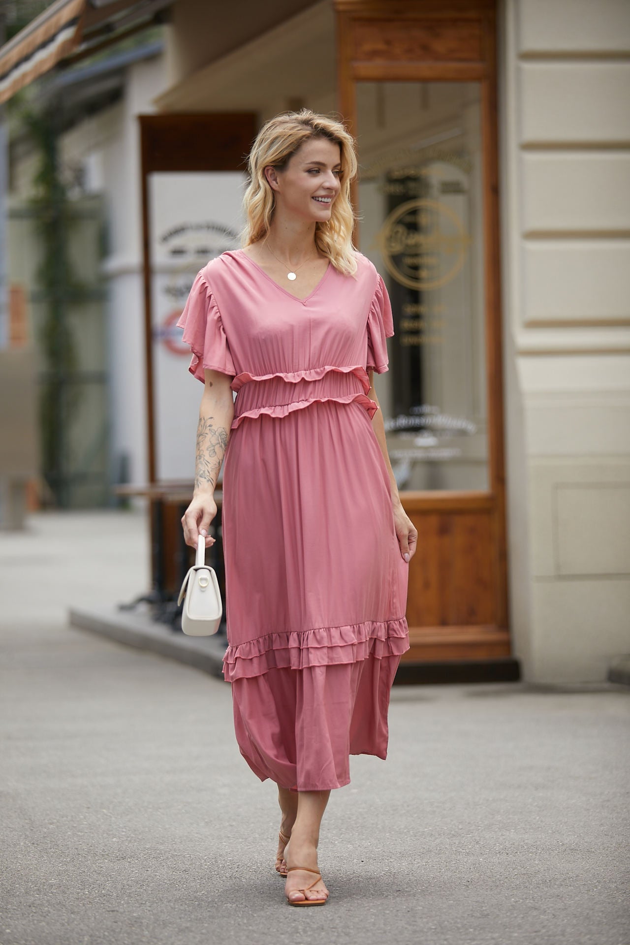Flowy V Neck Maxi Dress with Ruffled Sleeves - Nocini