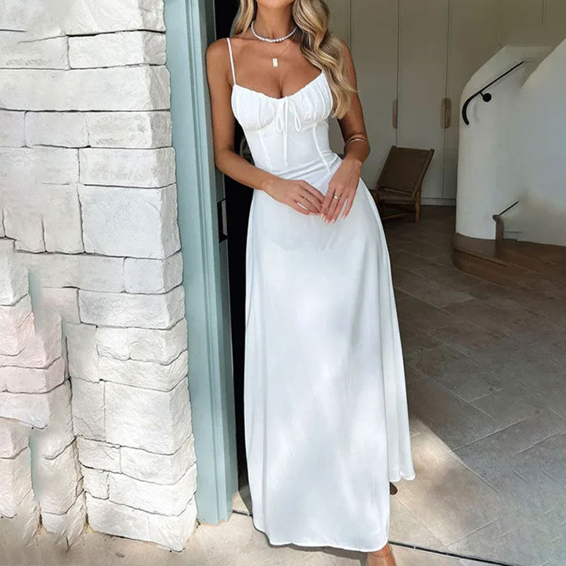 Flowy Strapless Maxi Dress with Ruffled Bodice - Nocini