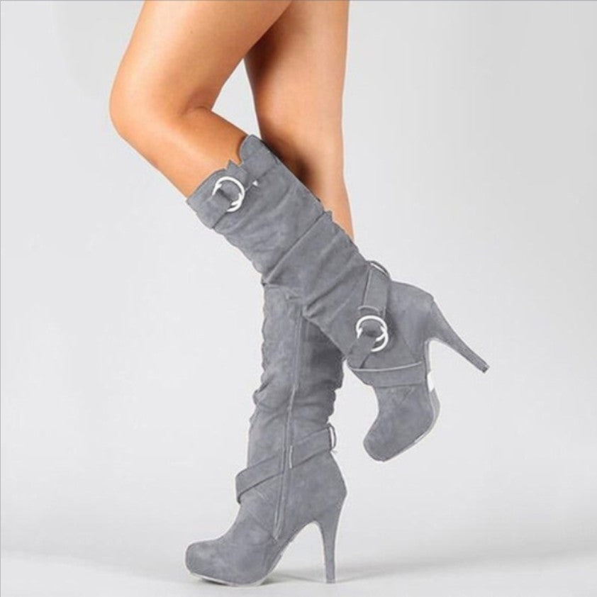 Fashionable Heel Knee High Boots with Buckle Accent - Nocini