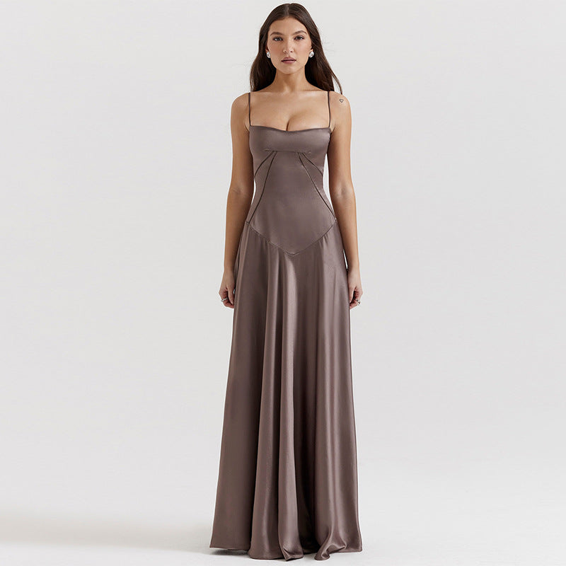 Ladies Formal Satin A-Line Gown with Spaghetti Straps